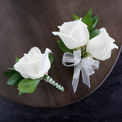 Modern Ivory Rose Boutonniere and Corsage Pack